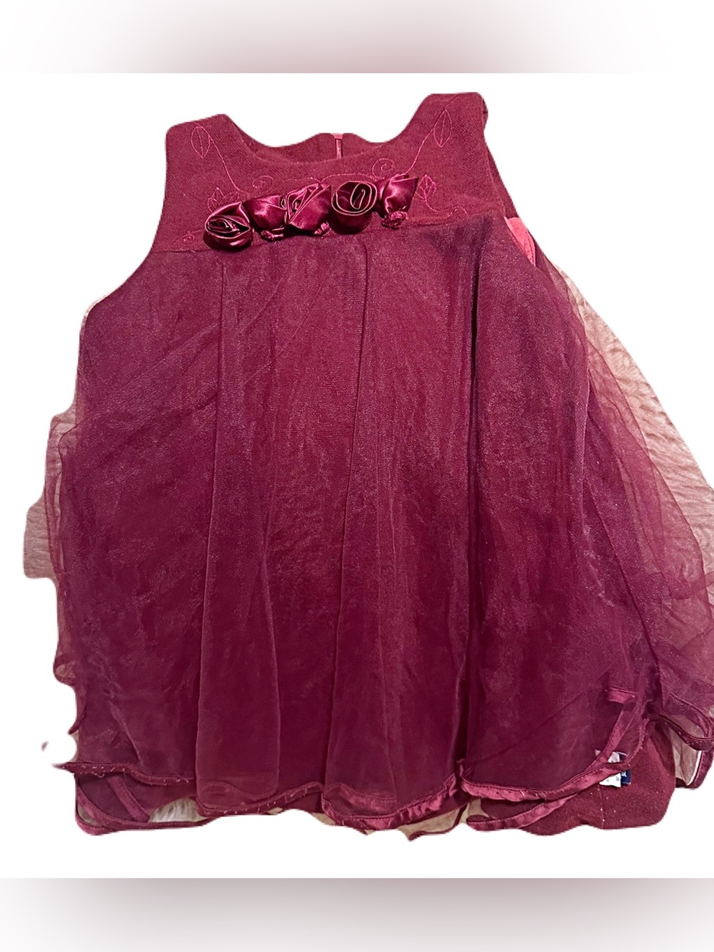 Girls' Burgundy Floral Trim Tulle Party Dress
